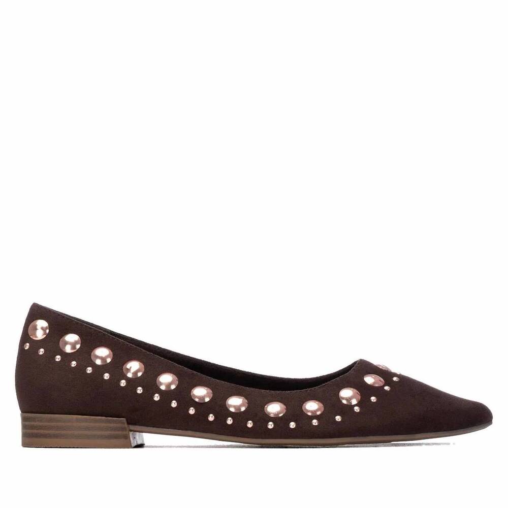NEW XTI women's studded suede ballet flat shoes in brown